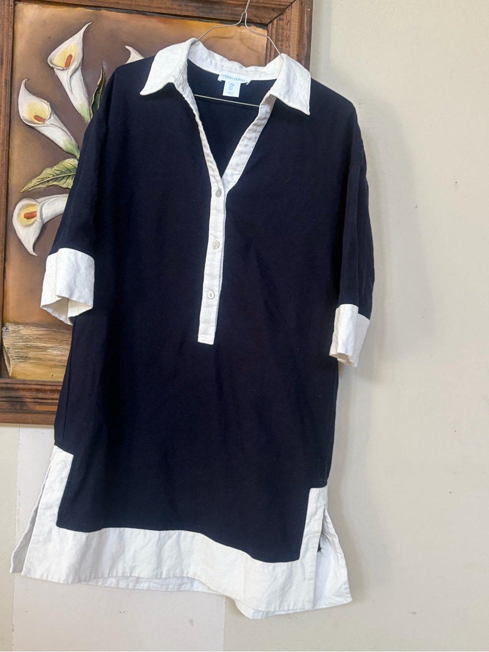 Relaxed Blue Button-Front Tunic Shirt with White Trim
